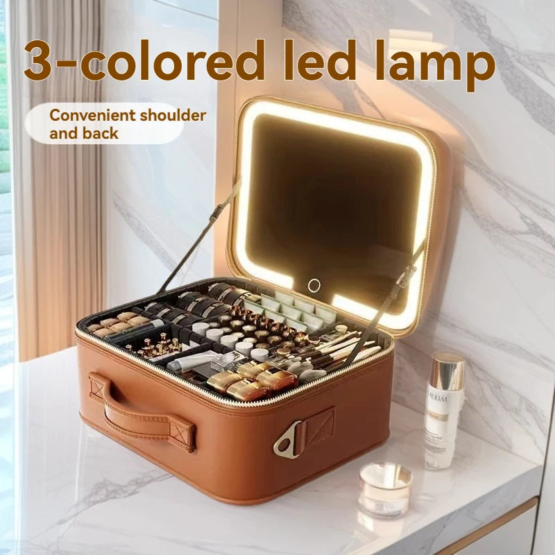 LED Mirror Makeup Train Case | Large Cosmetic Organizer Bag Makeup Train Case QXL