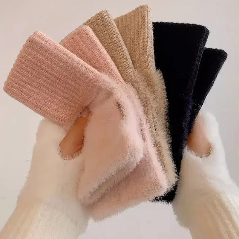 Women's Fleece Half Finger Gloves | Warm Knit Wrist Mittens Fingerless Winter Gloves QXL