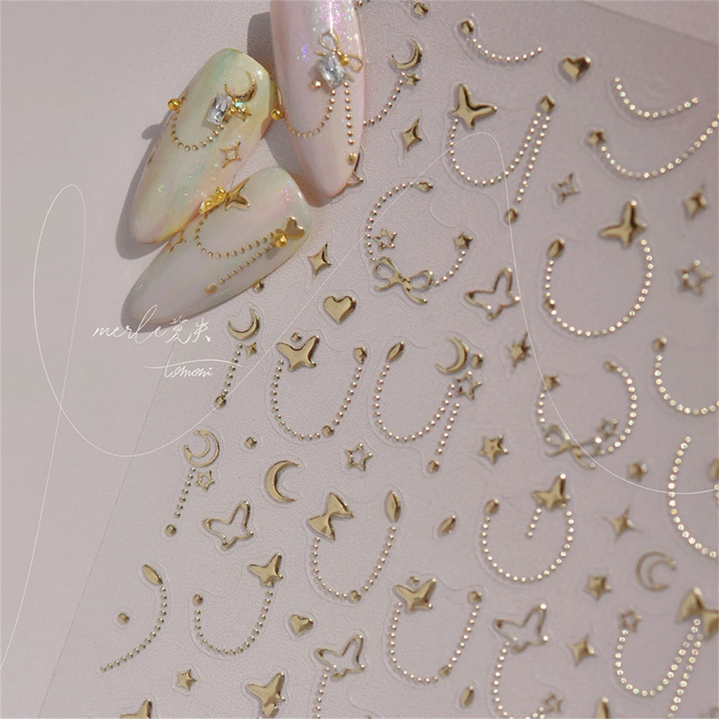 5D Star Chain Nail Stickers – Gold Silver Self-Adhesive Decals Nail Art Stickers QXL