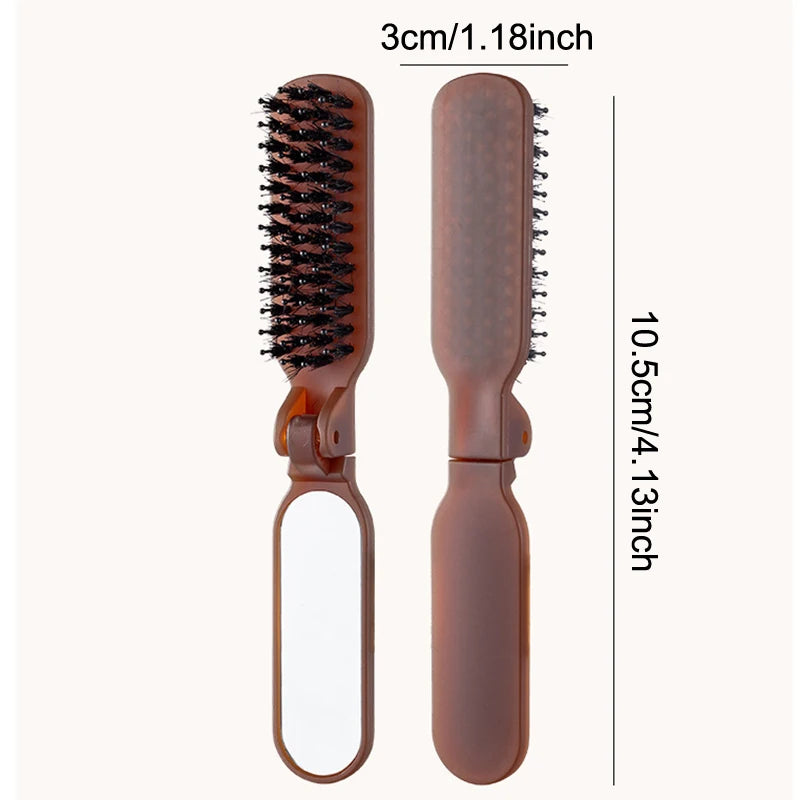 Foldable Boar Bristle Travel Hair Brush with Mirror | Pocket Travel Hair Brush QXL