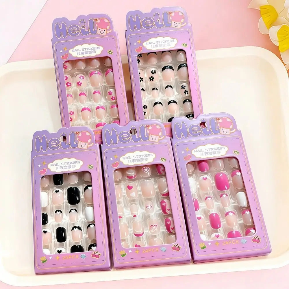 24-Pack Kids Press On Nails – Black Flower French Almond Tips Press-On Nail Set QXL