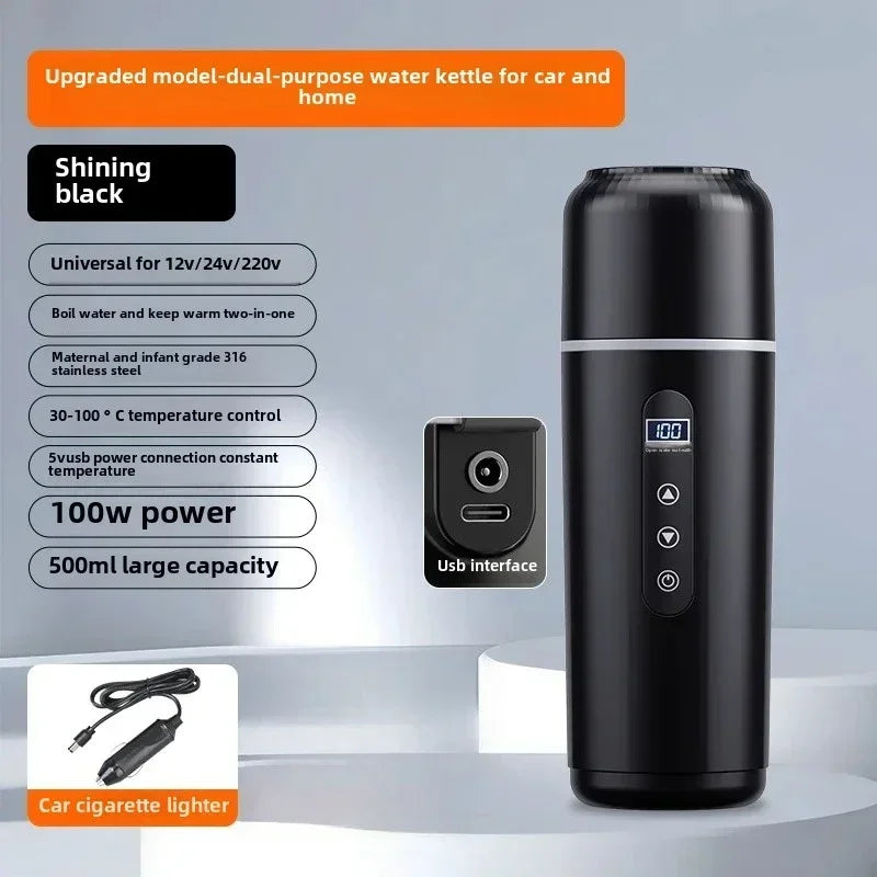 500ml Electric Heated Car Bottle | 12V 24V USB Travel Thermos Heated Car Thermos QXL black