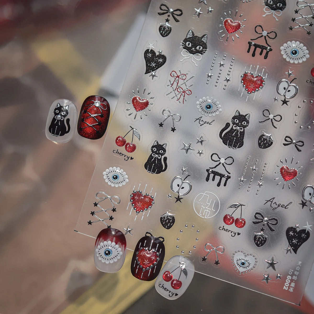 5D Nail Stickers – Black Cat Cherry Cartoon Self-Adhesive Decals Nail Art Stickers QXL