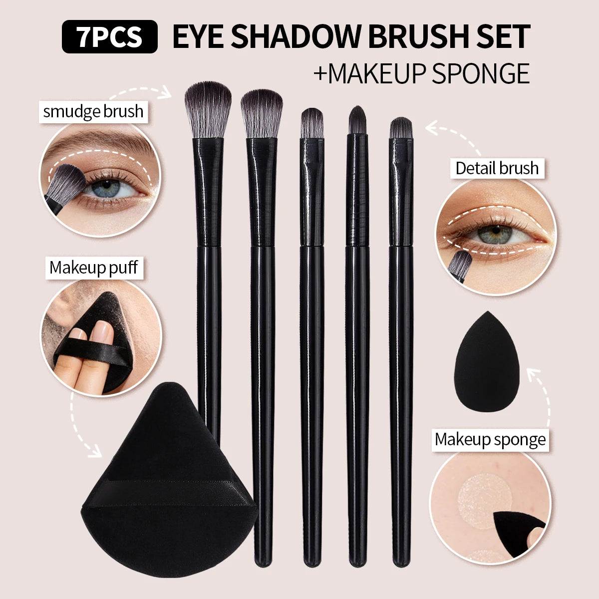 7-Piece Black Eyeshadow Brush Set with Puff | KOSSHOW Eye Makeup Brush Set QXL black
