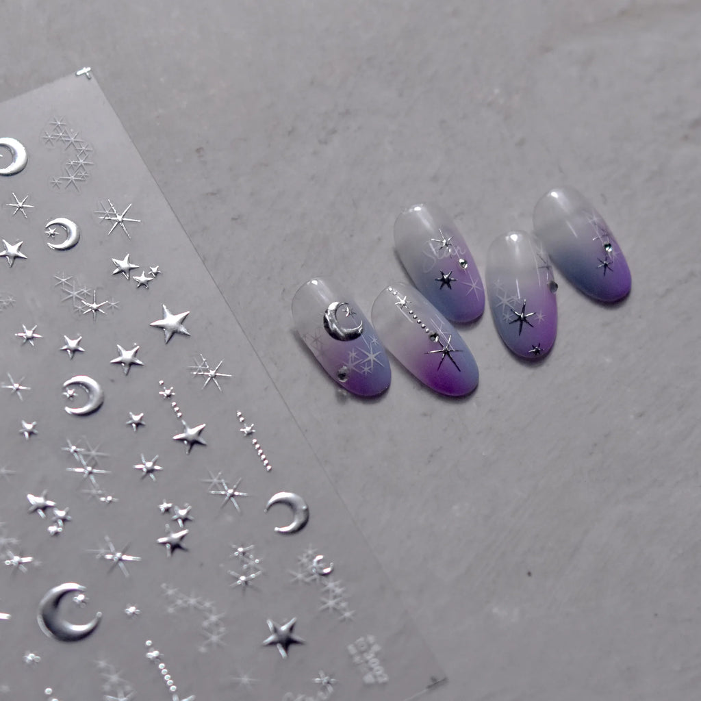 5D Bronzing Nail Stickers – Gold & Silver Stars & Moon Nail Art Stickers QXL