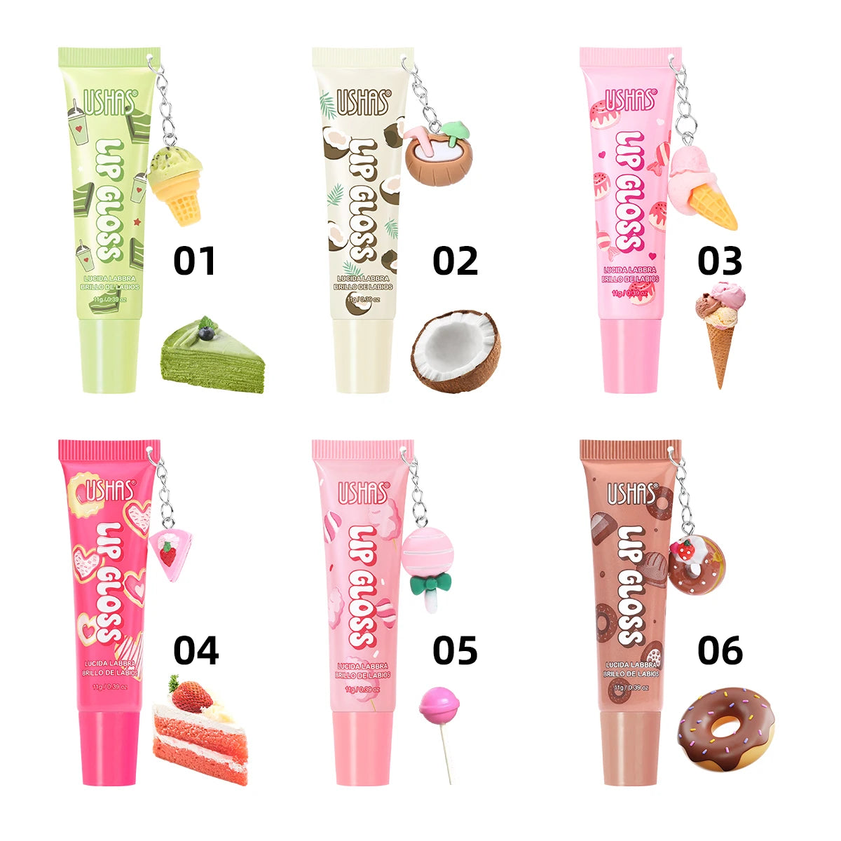 USHAS Donut Pendant Lip Gloss | Fruity Hydrating Lip Oil 5 Flavors Lip Gloss Oil QXL