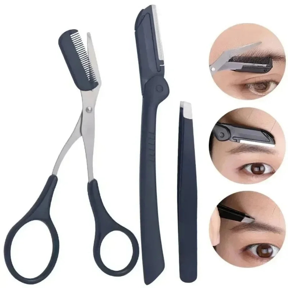3-Pc Stainless Steel Eyebrow Trimmer Set | Scissors, Comb & Tweezer Eyebrow Grooming Set QXL
