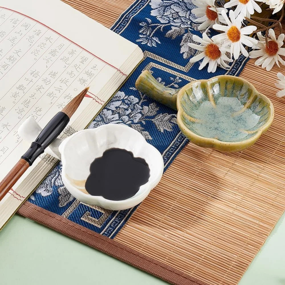 Ceramic Ink Dish Set of 2 | Flower Shape Calligraphy Brush Rest Ceramic Ink Dish QXL