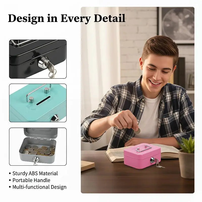 Portable Piggy Bank & Coin Box with Key Lock | Carbon Steel Lockable Coin Box QXL