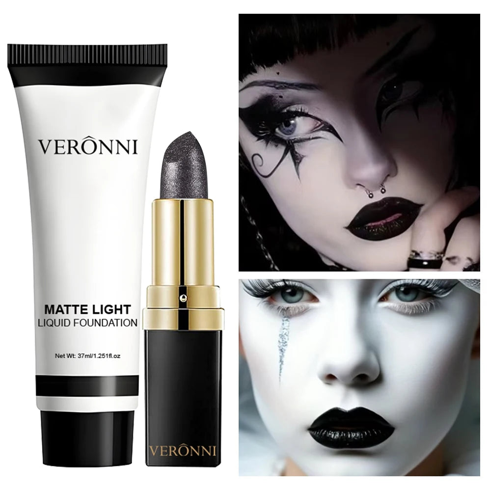 Matte White Foundation & Black Lipstick | Goth Halloween Set Cosplay Makeup Set QXL