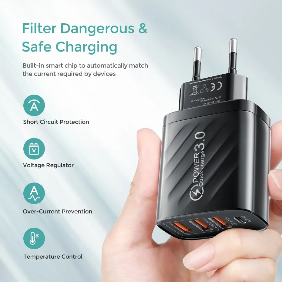 48W USB-C PD & USB-A Fast Wall Charger | EU/US/UK Plug Fast Wall Charger QXL
