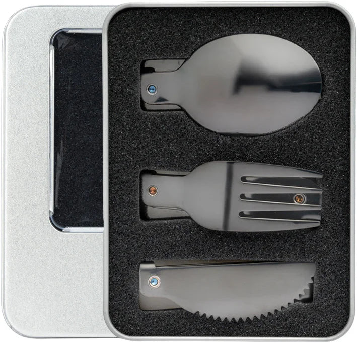 3-Piece Foldable Stainless Steel Camping Cutlery Set & Case Camping Cutlery Set QXL Black