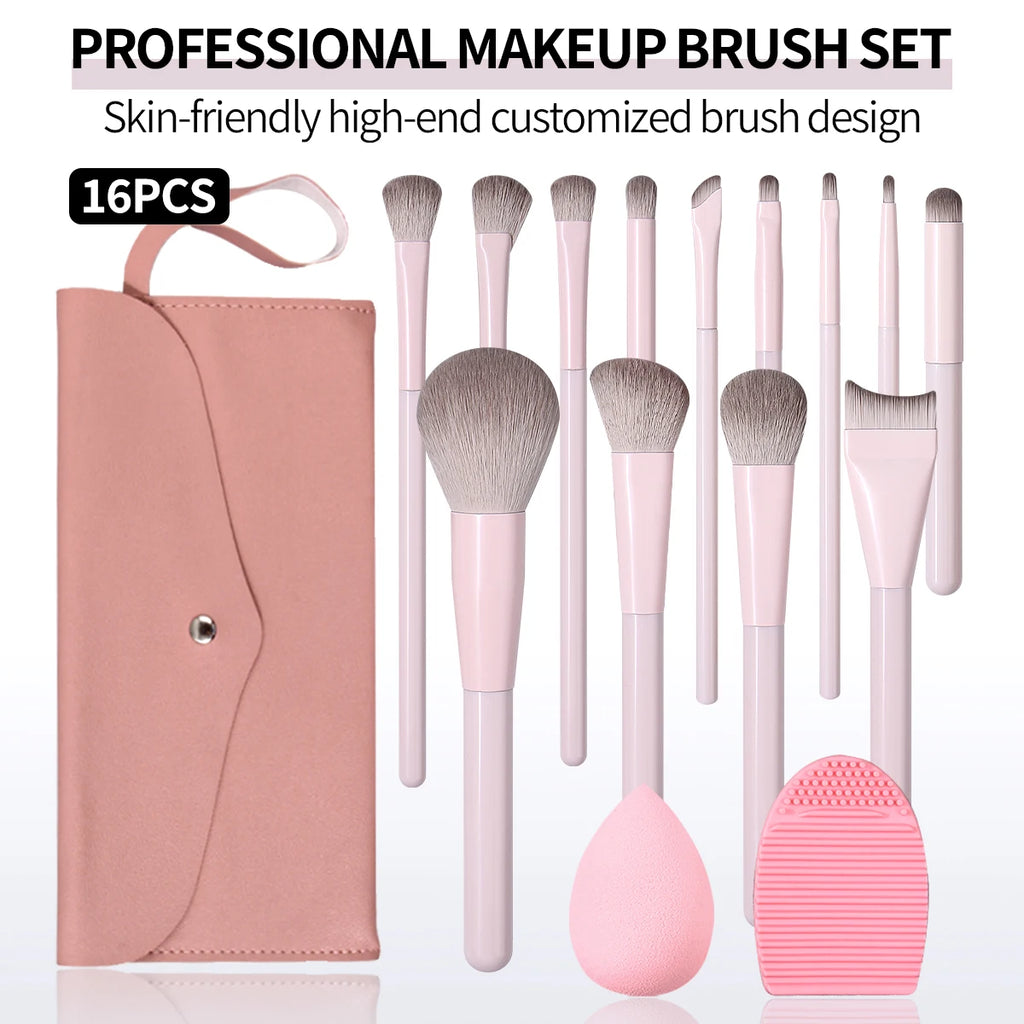 16-Pc Professional Makeup Brush Kit with Bag, Sponge & Cleaner Makeup Brush Set QXL Pink