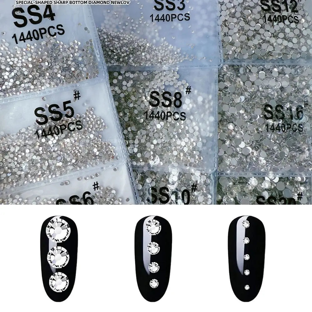 1440-Pc Glass Nail Rhinestones Flat Back AB & Clear SS3–SS16 Nail Rhinestones QXL