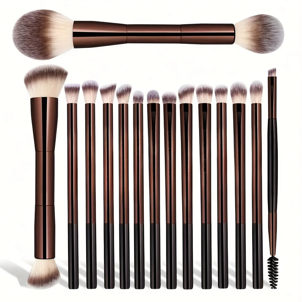 15-Piece Professional Soft Makeup Brush Set | Aluminum Handle Makeup Brush Set QXL Coffee Brown