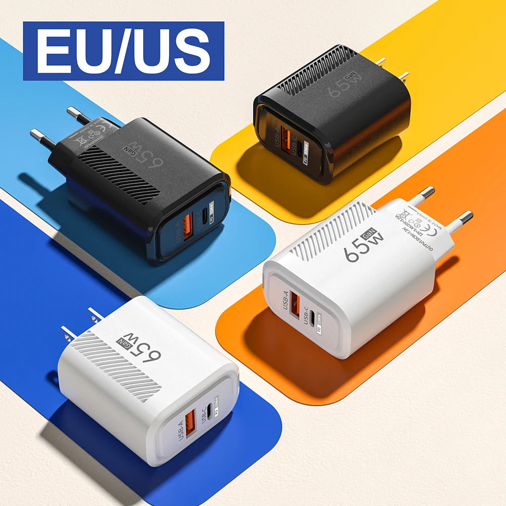 65W GaN USB-C Fast Charger | PD Wall Adapter EU/US Plug USB-C Wall Charger QXL