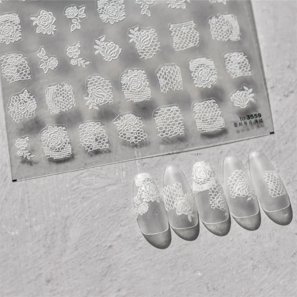 5D Kawaii Lace Nail Stickers | Black White Japanese Rose Decals Nail Art Stickers QXL
