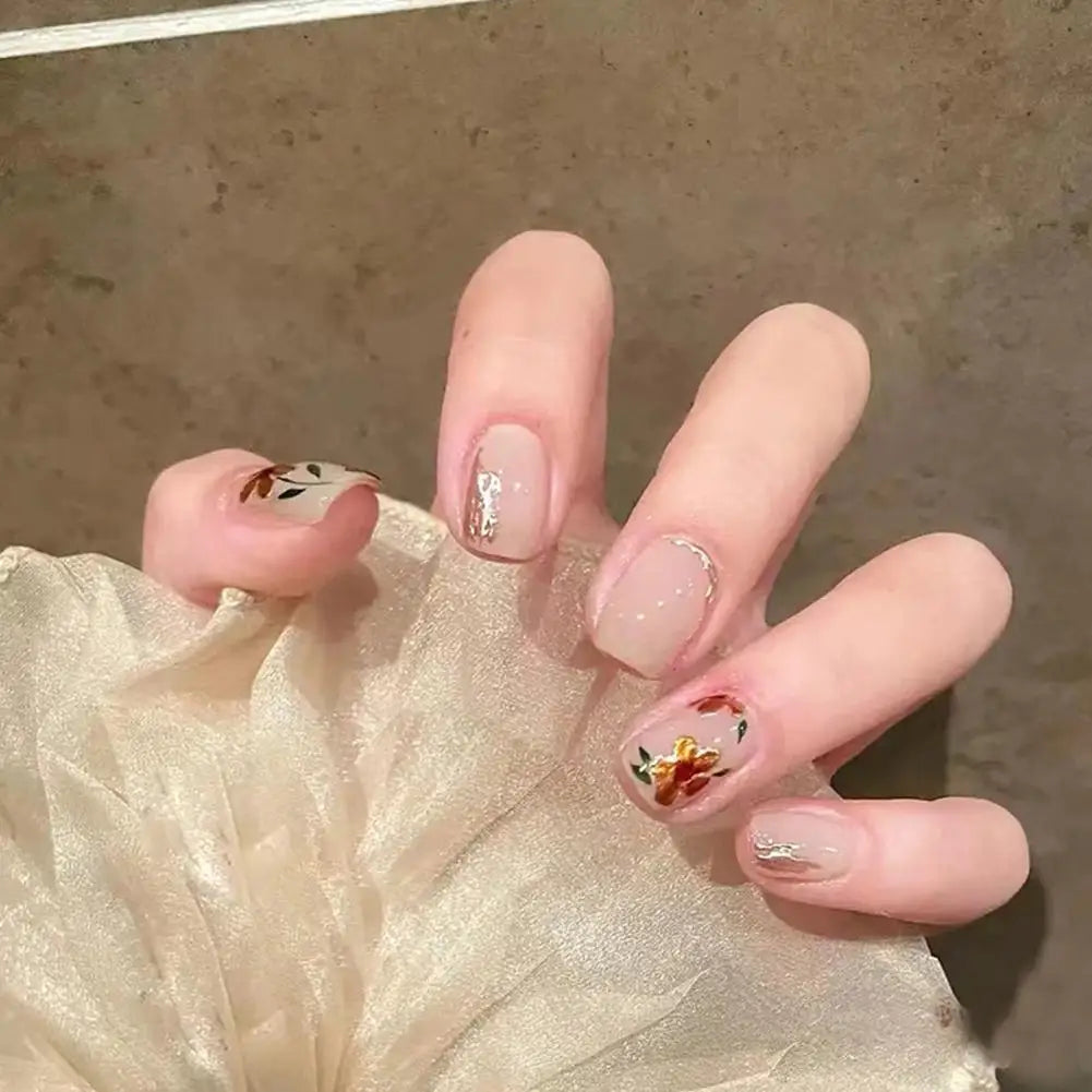 24-Pc French Square Press-On Nails | Nude Pink & Glitter Press-On False Nails QXL