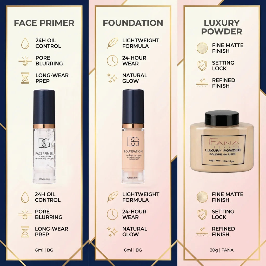 4-Pc Face Makeup Set | Primer, Foundation, Powder & Puff Face Makeup Set QXL