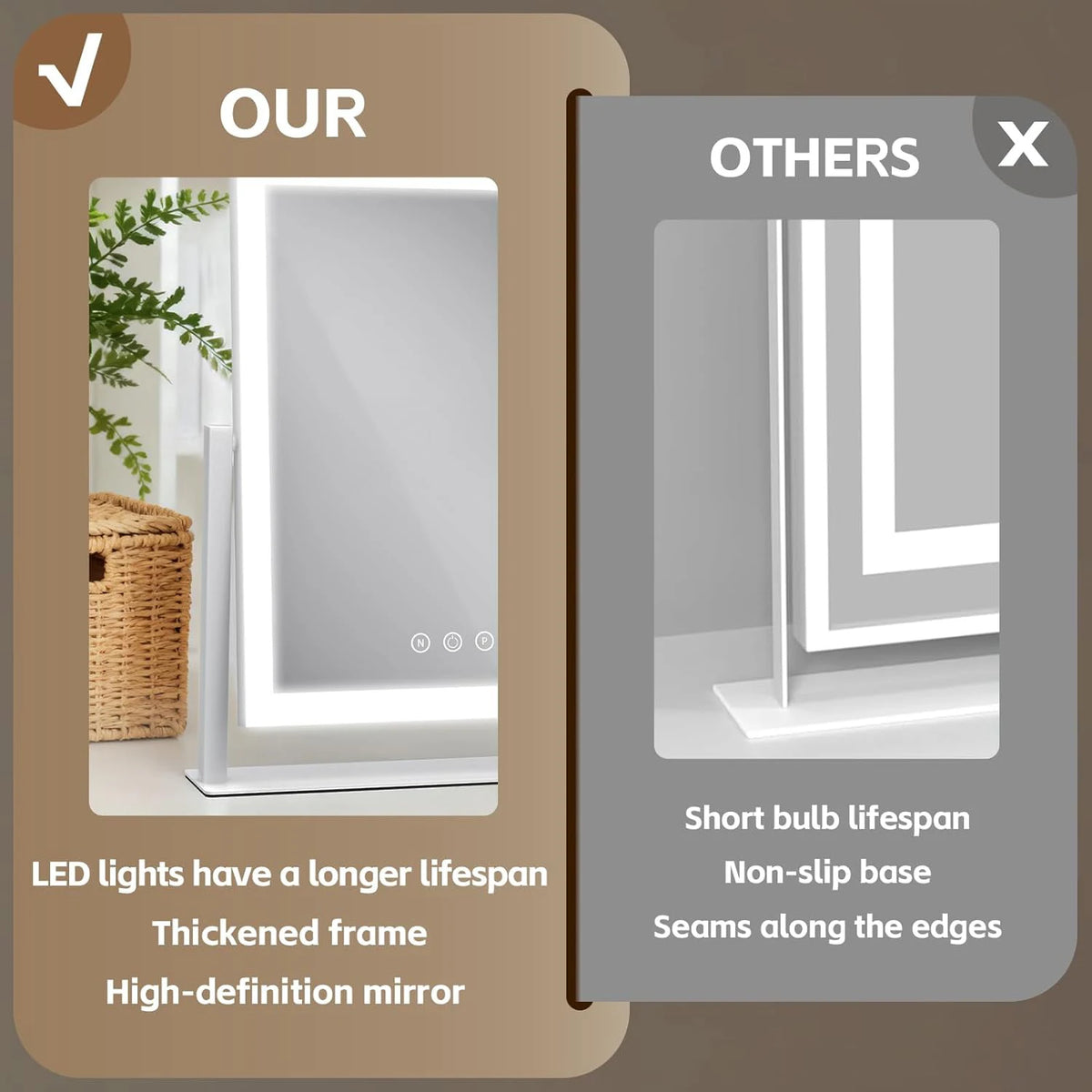 Hollywood Vanity Mirror – 10X Magnifier & 3-Color Dimmable Light Lighted Makeup Mirror QXL
