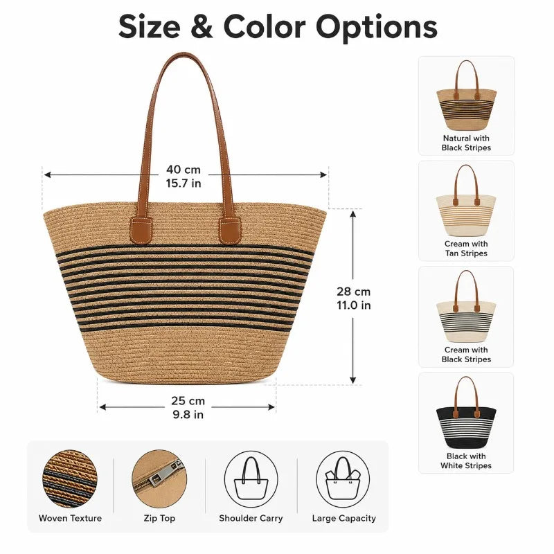 Large Woven Straw Tote Bag | Beach Shoulder Bag Zip Top Woven Straw Tote QXL