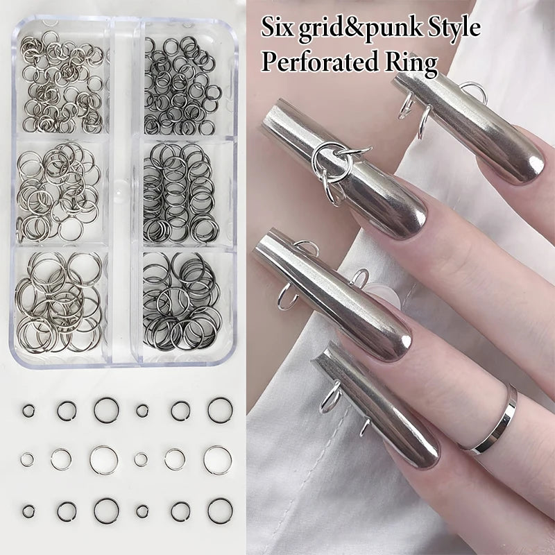 6-Grid Punk Alloy Nail Charms | Ring & Rhinestone Manicure Set Nail Art Charms QXL