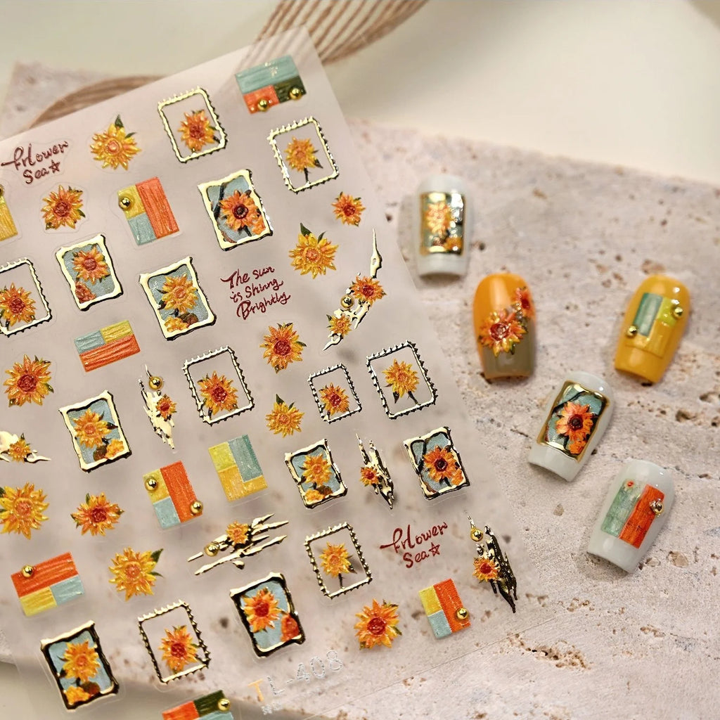 5D Sunflower Nail Stickers | Vintage Floral Relief Decals Nail Art Stickers QXL