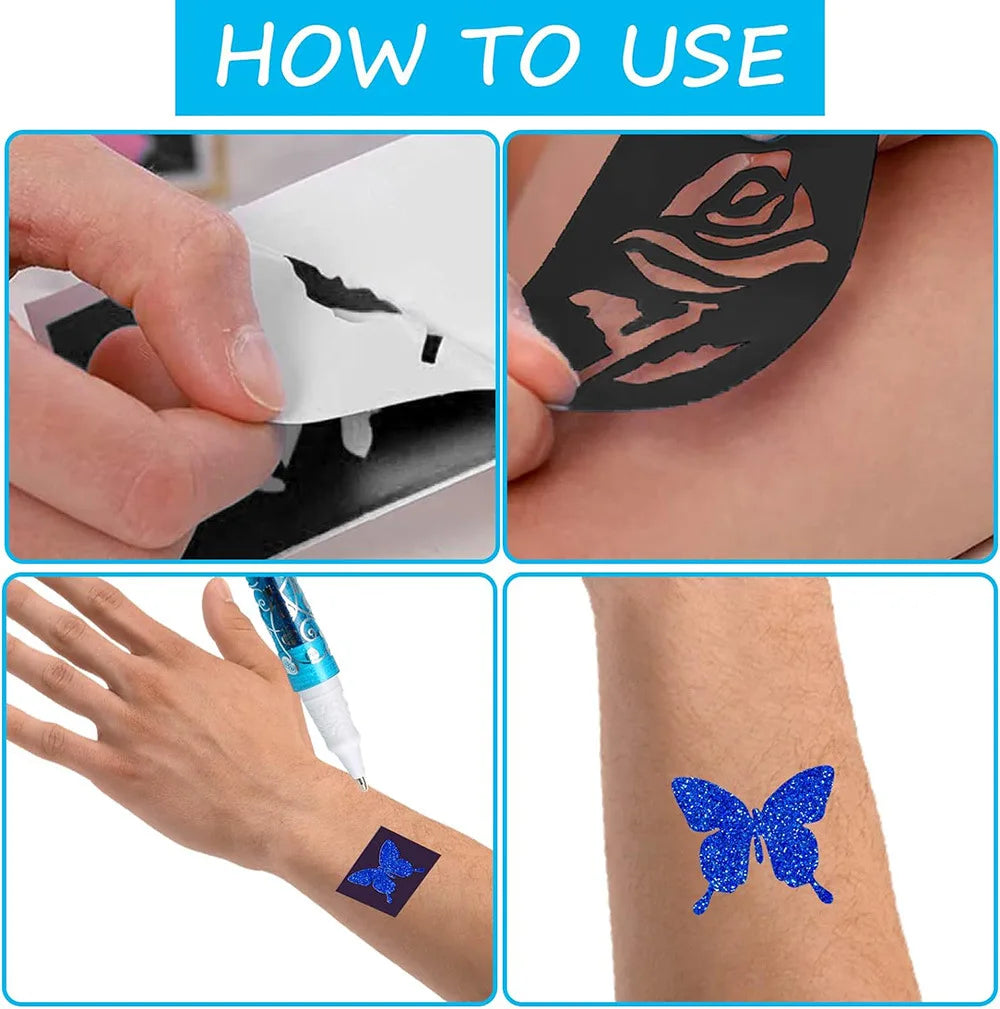 Temporary Glitter Tattoo Kit – Face & Body Art with Stencils Temporary Glitter Tattoo Kit QXL