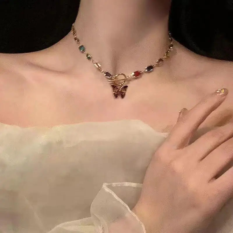 Retro Butterfly Rainbow Crystal Choker Necklace | Boho Pendant Crystal Pendant Necklace QXL
