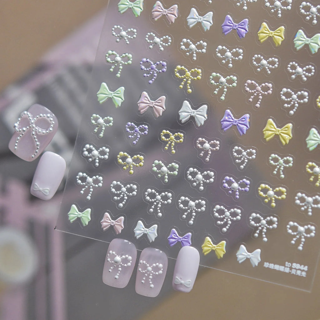 Macaron Bow 5D Nail Stickers | Pearl & Chain Decals Nail Art Stickers QXL