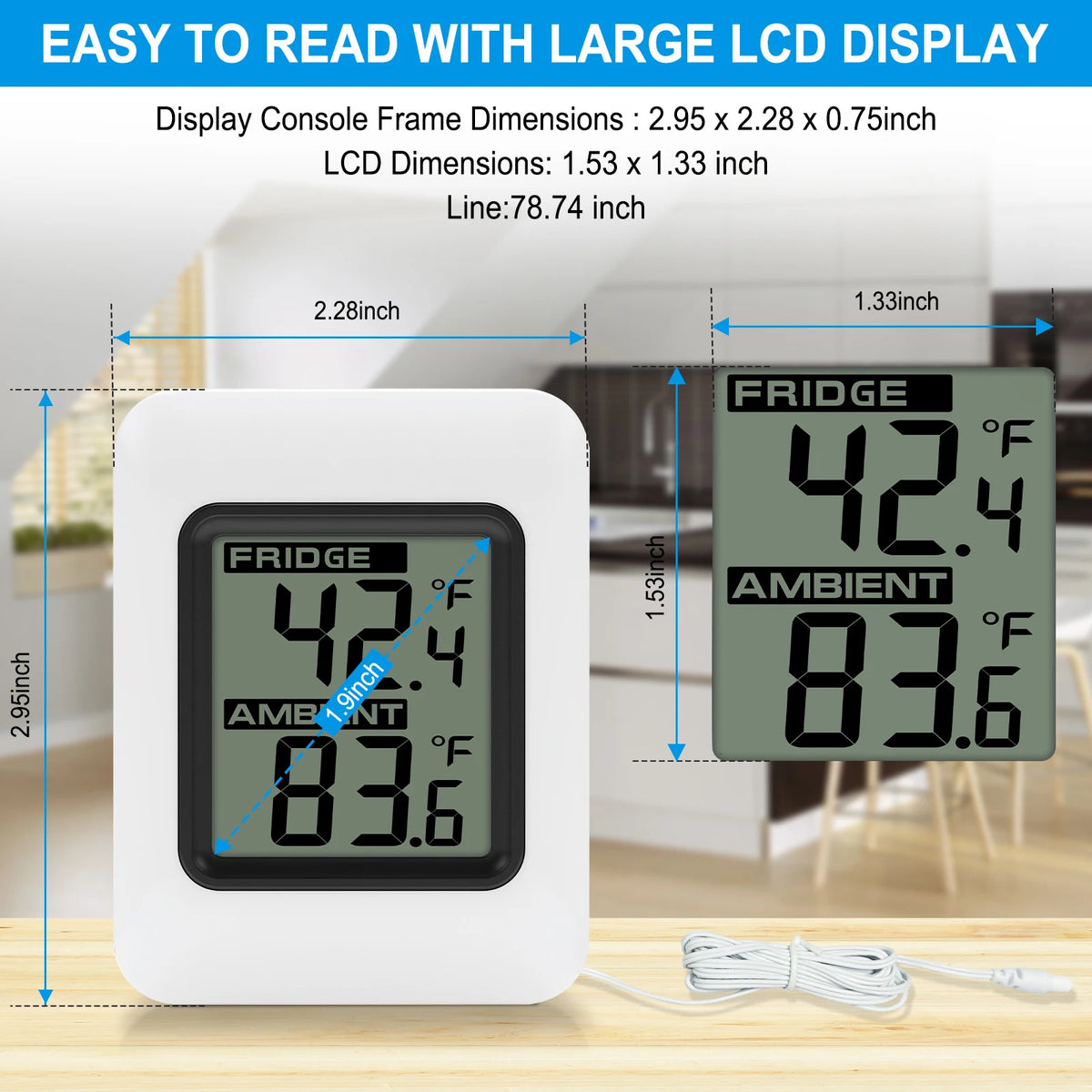 Digital Fridge Freezer Thermometer | Large LCD & Wired Probe Fridge Thermometer QXL