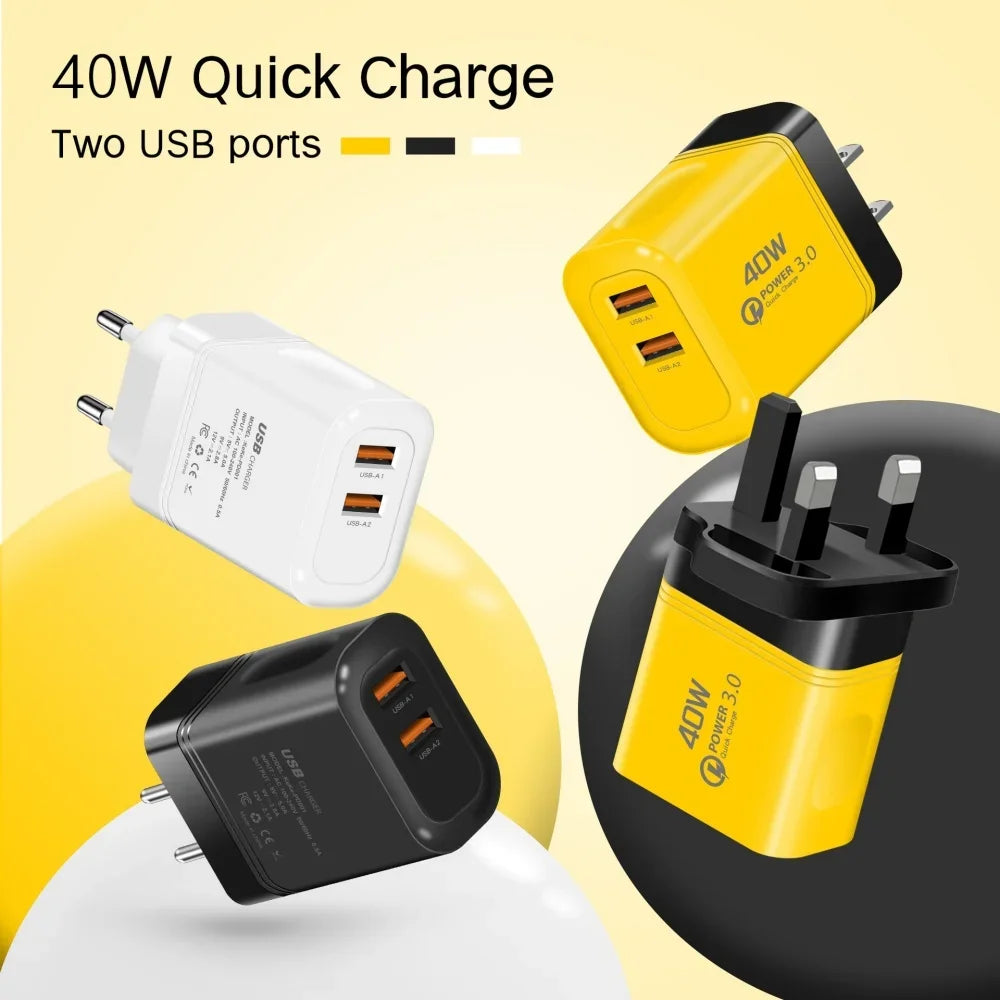 40W Dual USB Fast Charger Wall Adapter | EU & US Plug USB Wall Charger QXL