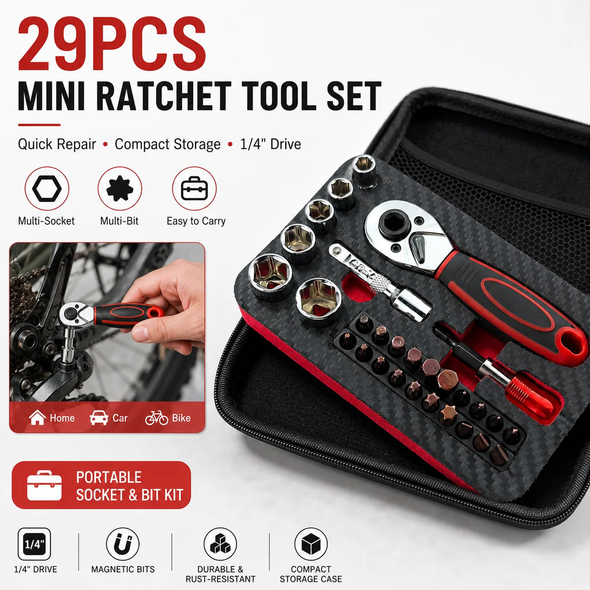 29-Pc Mini Ratchet Wrench & Socket Bit Set | 1/4" Drive Kit Ratchet Socket Set QXL Default Title