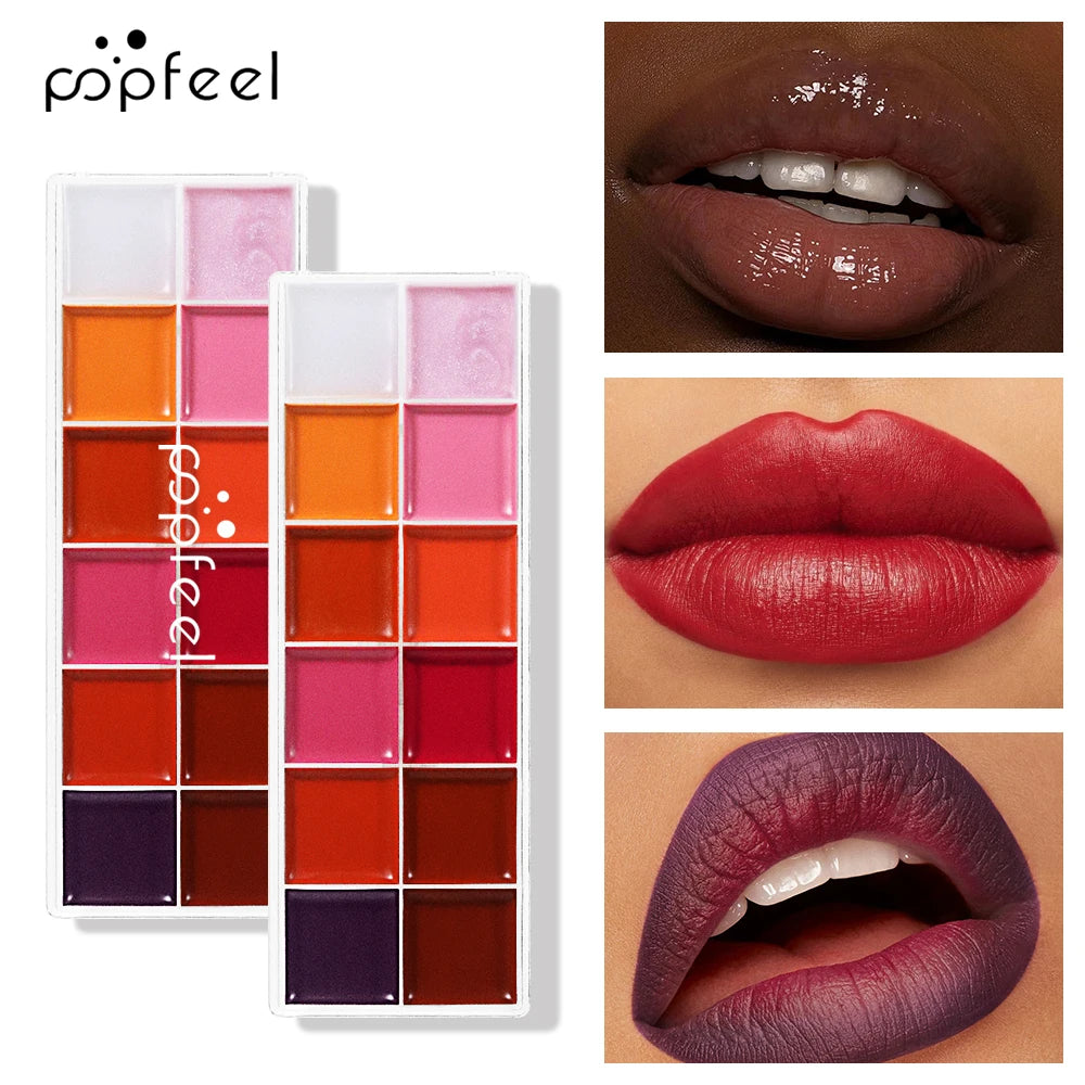 POPFEEL 12-Color Lipstick Palette | Shimmer Lip Gloss & Cheek Tint Lipstick Palette QXL