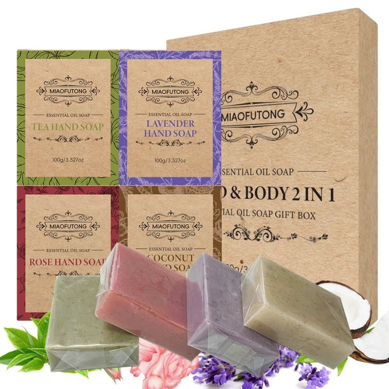 4-Pc Coconut Oil Lavender Rose Soap Gift Set | Face & Hand Botanical Soap Set QXL MULTI 400g