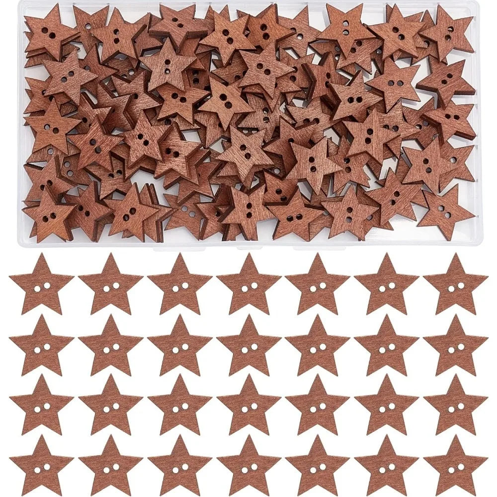 100-Pack Wooden Star Buttons | Vintage 2-Hole Sewing Craft Craft Buttons QXL