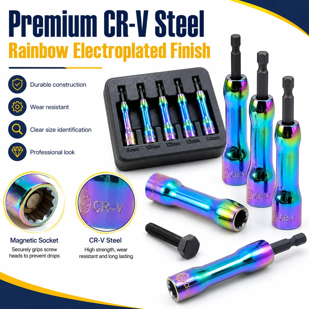 5-Piece Magnetic Nut Driver Set | 1/4" Hex Shank 8–14mm Impact Socket Set QXL