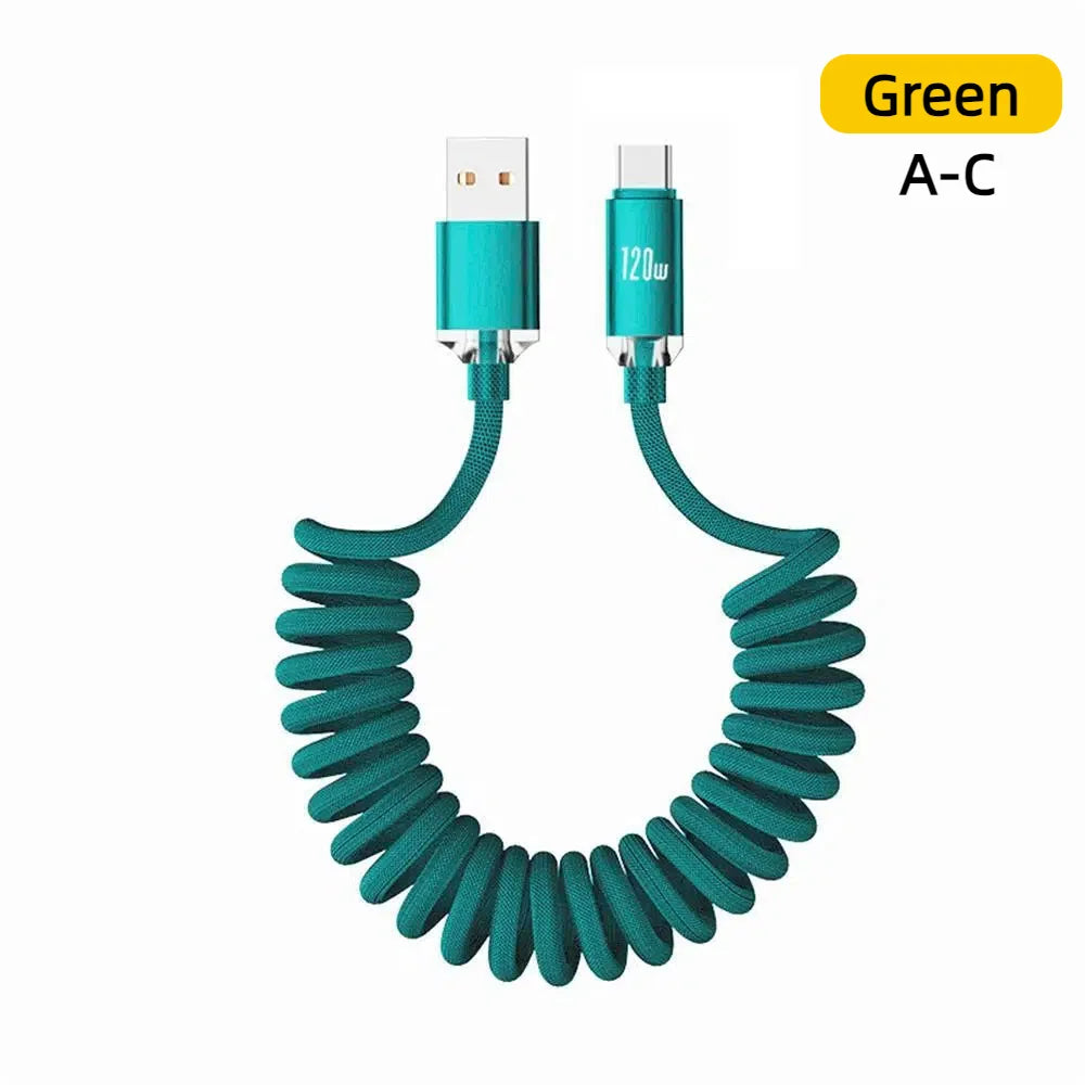 120W Retractable USB-C Fast Charging Cable – Spring Coil USB-C Charging Cable QXL A-C Green 2m