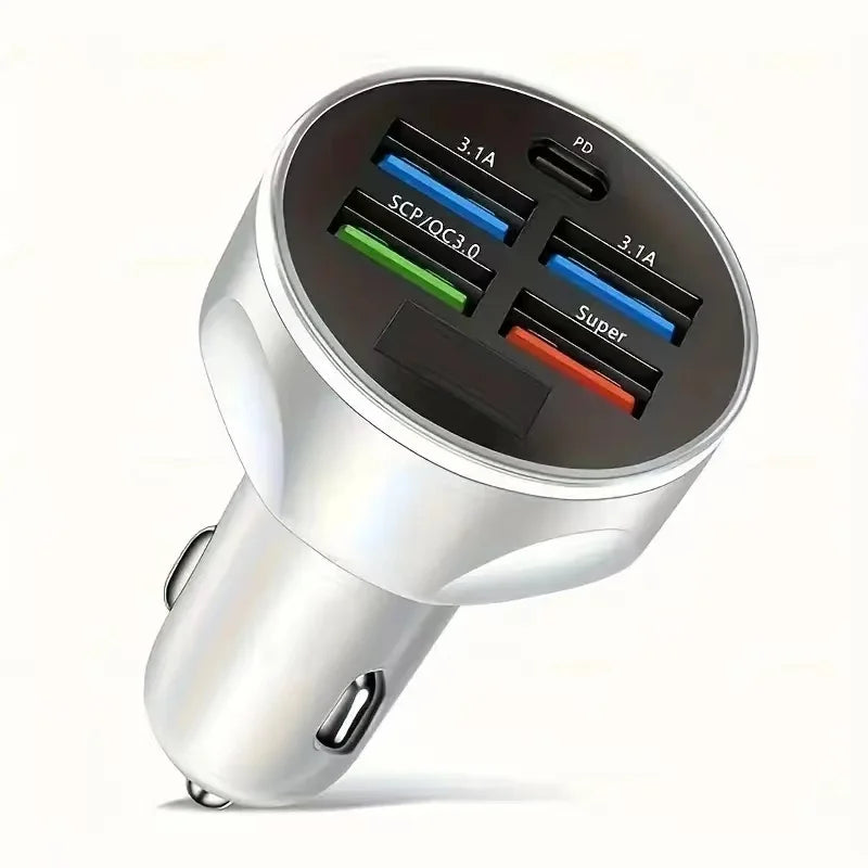 5-in-1 250W USB-C PD Car Charger QC3.0 with LED Display Car Charger Adapter QXL White