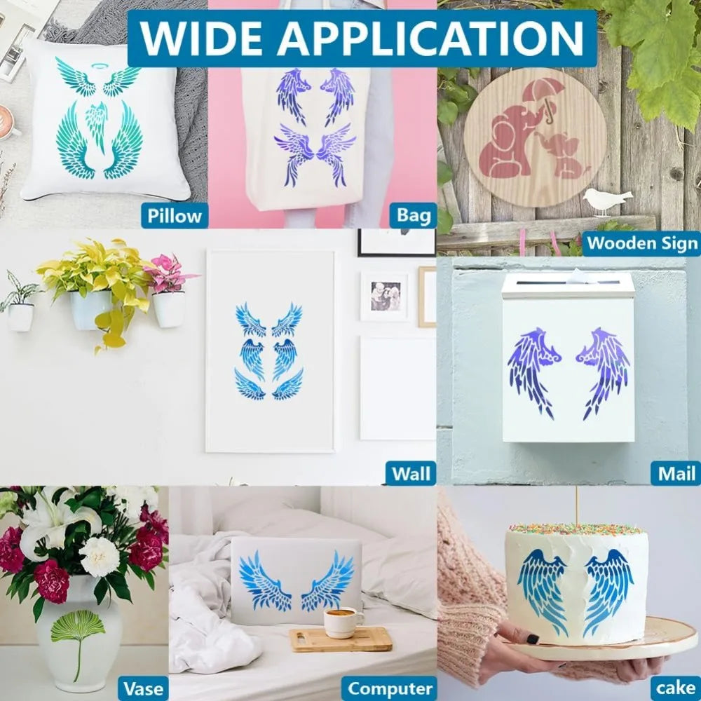 Angel Wings Painting Stencils 3-Pack + Brush | Reusable PET Craft Stencil Set QXL