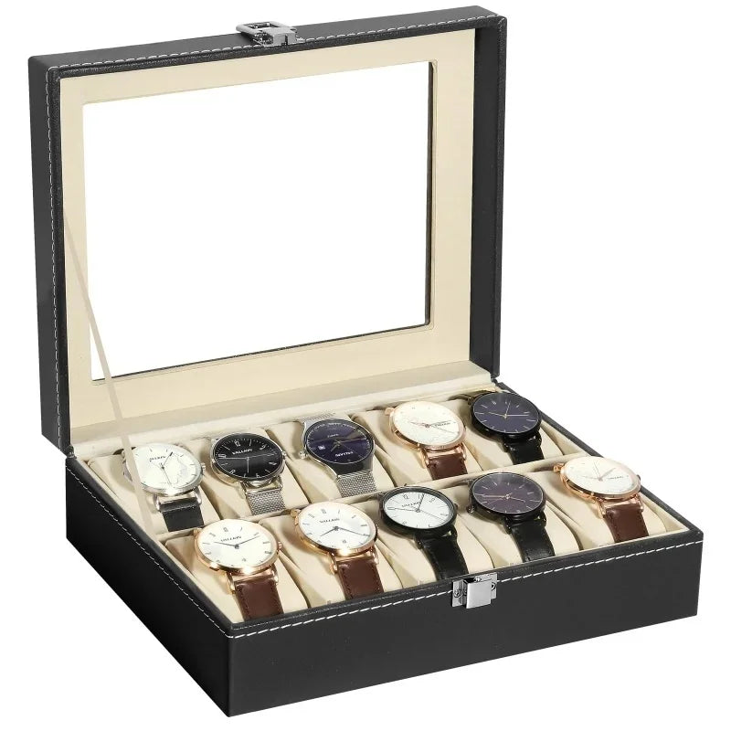 6/12 Slot PU Leather Watch Box with Glass Top Display Case Watch Display Box QXL