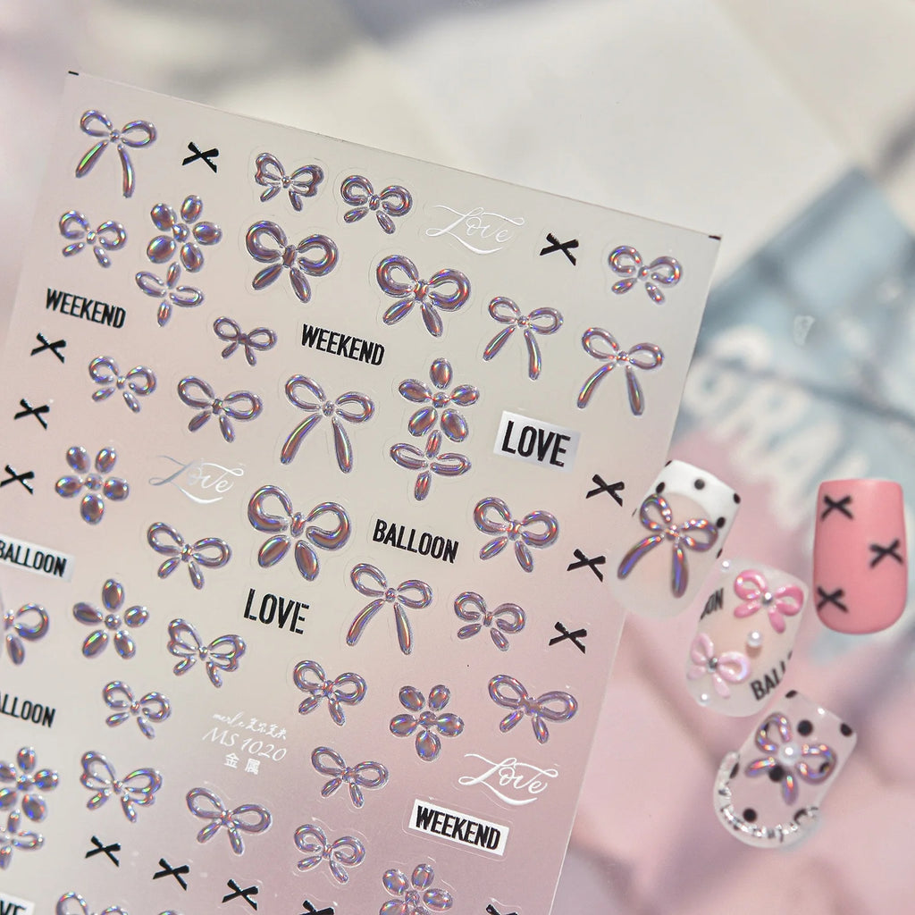 5D Holographic Nail Stickers – Bow & Flower Y2K Decals Nail Art Stickers QXL