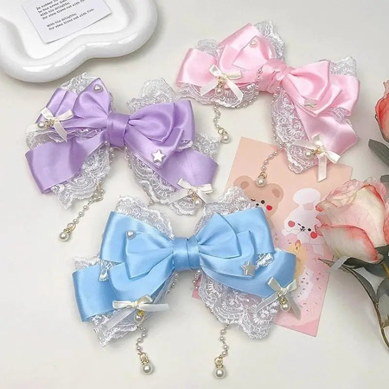 Lolita Pink Bow Hair Clip | Lace Pearl Princess Headpiece Lolita Hair Clip QXL