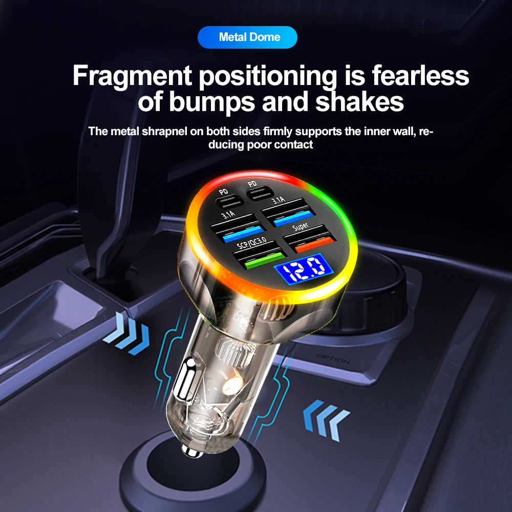 250W 6-Port Fast Car Charger PD USB-C + USB-A | QXL Car Charger Adapter QXL