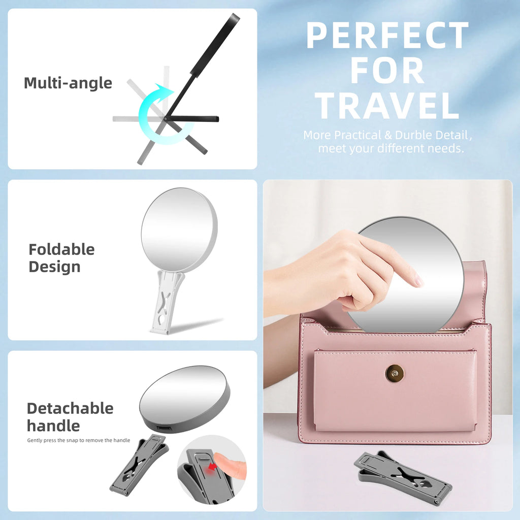 Double-Sided 1X/10X Magnifying Travel Hand Mirror with Handle Magnifying Makeup Mirror QXL