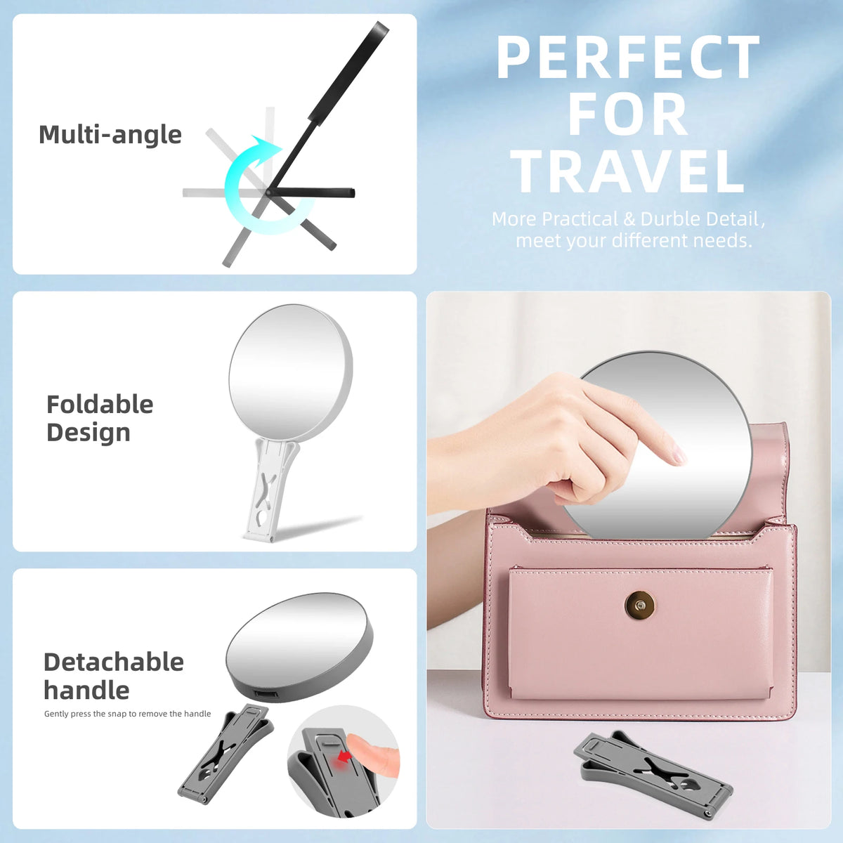 Double-Sided 1X/10X Magnifying Travel Hand Mirror with Handle Magnifying Makeup Mirror QXL