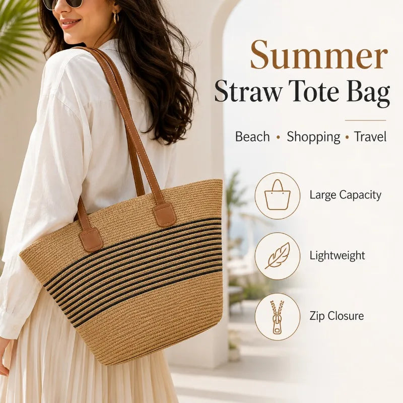 Large Woven Straw Tote Bag | Beach Shoulder Bag Zip Top Woven Straw Tote QXL