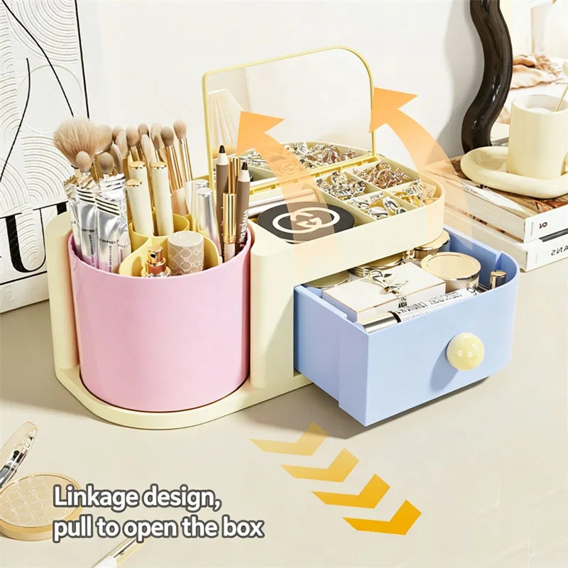 360° Rotating Makeup Brush Holder with Mirror & Jewelry Box Makeup Brush Organizer QXL