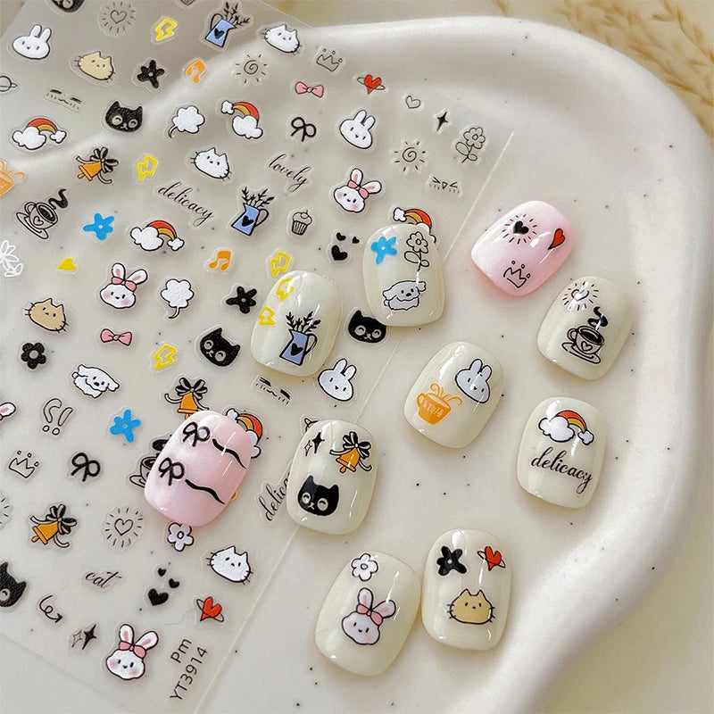 5D Embossed Cartoon Animal Nail Stickers | Cute Gel Decals Nail Art Stickers QXL