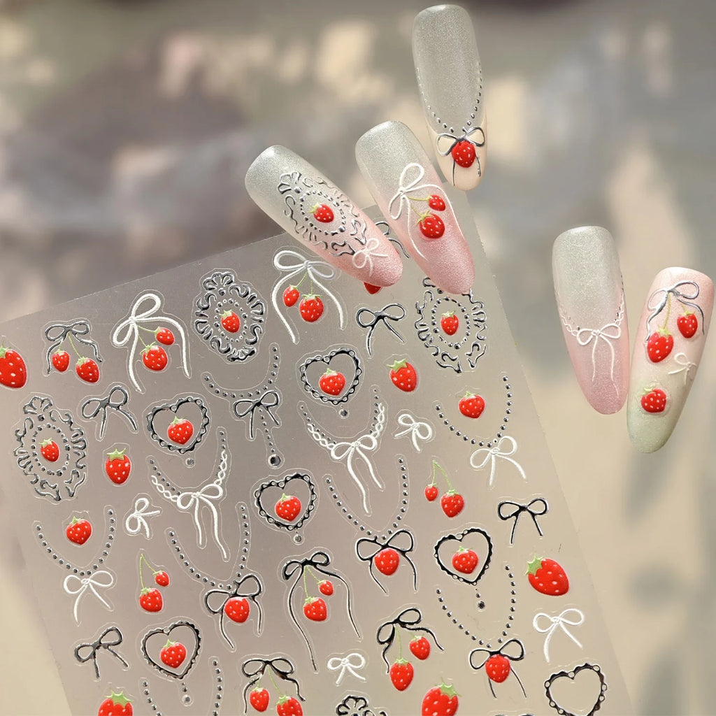 5D Strawberry Nail Stickers | Bow Pearl Self-Adhesive Decals Nail Art Stickers QXL